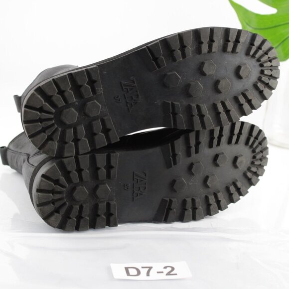 Zara Womens Combat Boot Size 37 6 Black Leather Lace Up Chunky Lug Sole Bootie - Picture 8 of 13